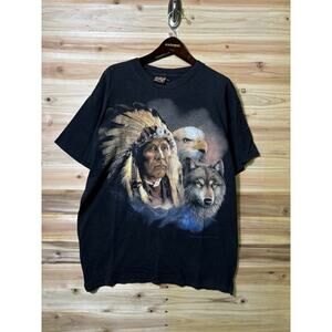 Vintage 1993 3D Emblem Graphic T Shirt Black Short Sleeve Sz L Native Wolf Eagle